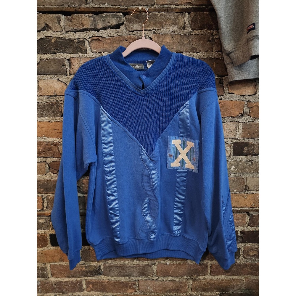 Vintage‎ Mark Elliot Sweatshirt Mens Large Blue Snap Mock Neck Satin Fleece 80s